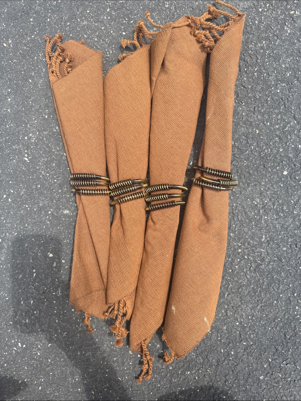 Set of Four Rust Brown Fringe Napkins with Brass Coil Rings never used!